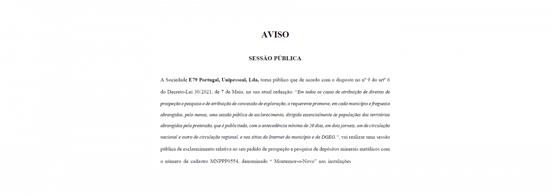 AVISO atribuição de direitos de prospeção e pesquisa e de atribuição de concessão de explo...